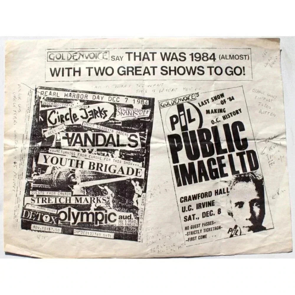 Vtg Rock Thrash Heavy Metal Band Concert Flyer - Goldenvoice PIL Public Image